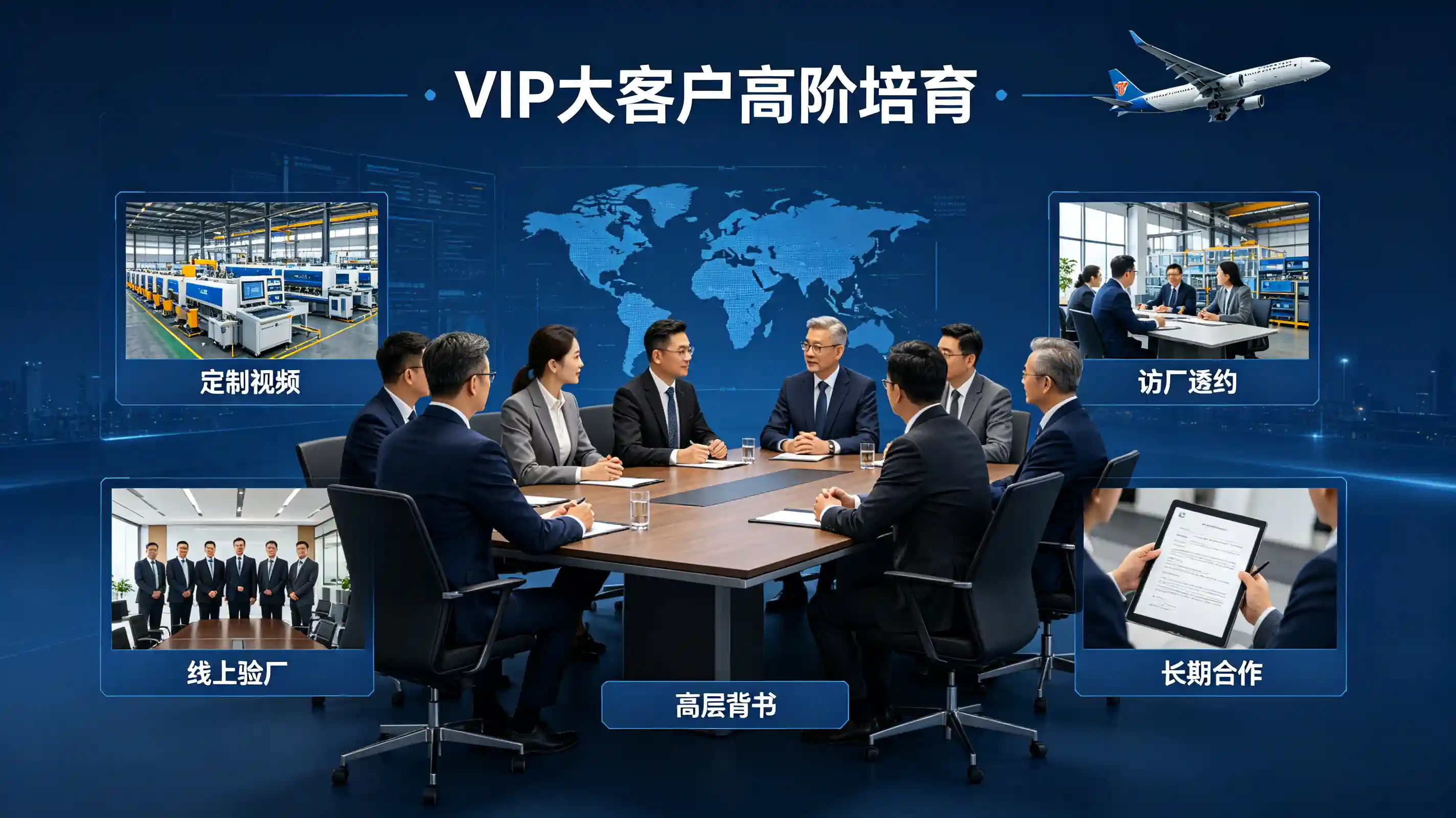 外贸 VIP 客户阶梯式深度开发,销售经理高层介入企业长期战略合作示意图.webp